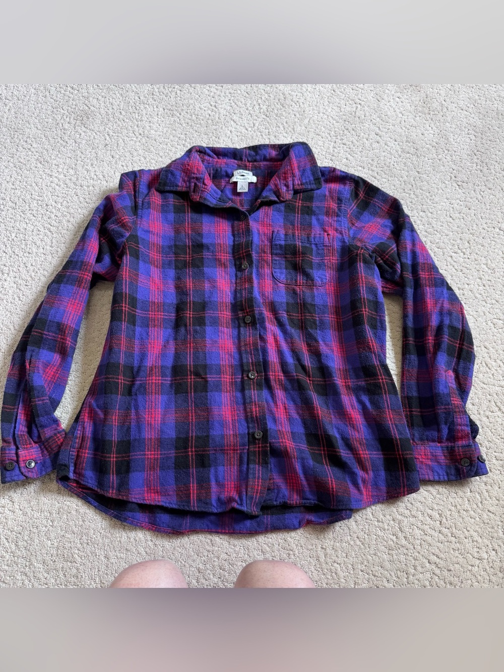 LL Bean Women's Flannel Shirt Large Reg Relaxed Fit Plaid Purple Red 273137